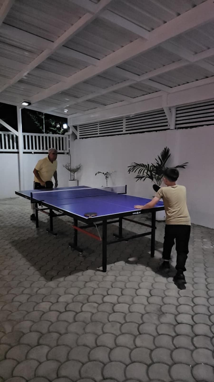 An outdoor space features a blue ping pong table positioned under a covered area. Two individuals are engaged in a game, with a potted plant visible nearby. The ambiance is enhanced by evening lighting, and textured stone flooring is seen beneath.