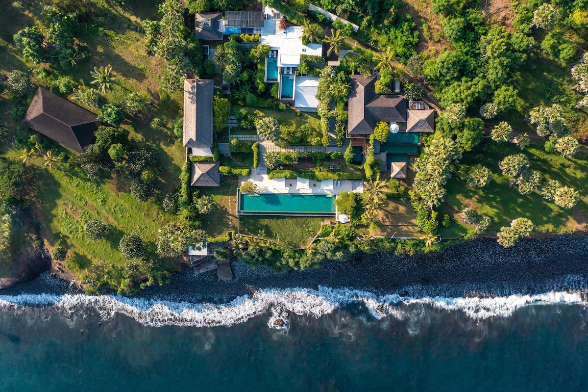 An aerial view showcases the expansive grounds of the Sea Villa, surrounded by lush greenery and palm trees. A long, sparkly infinity pool stretches through the center, while the property is complemented by the shoreline and ocean waves softly lapping at the rocky beach.