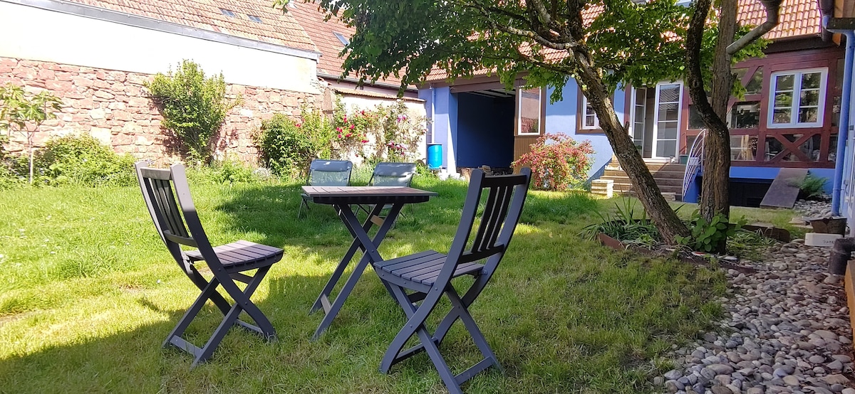 A peaceful garden space is highlighted, featuring a wooden table surrounded by four folding chairs. Sunlight filters through the greenery, casting gentle shadows on the grass. Lounge chairs are positioned nearby, completing a perfect spot for relaxation.