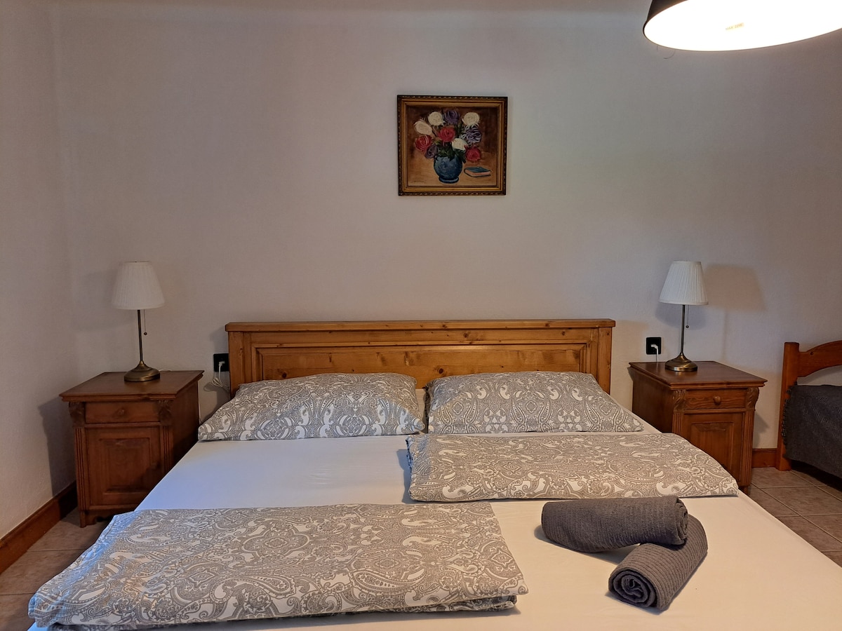 A comfortable bedroom is featured, showcasing a wooden bed with soft bedding. Two bedside tables with lamps are positioned on either side. A decorative painting of flowers hangs above the bed, while additional sleeping arrangements are visible in the background.