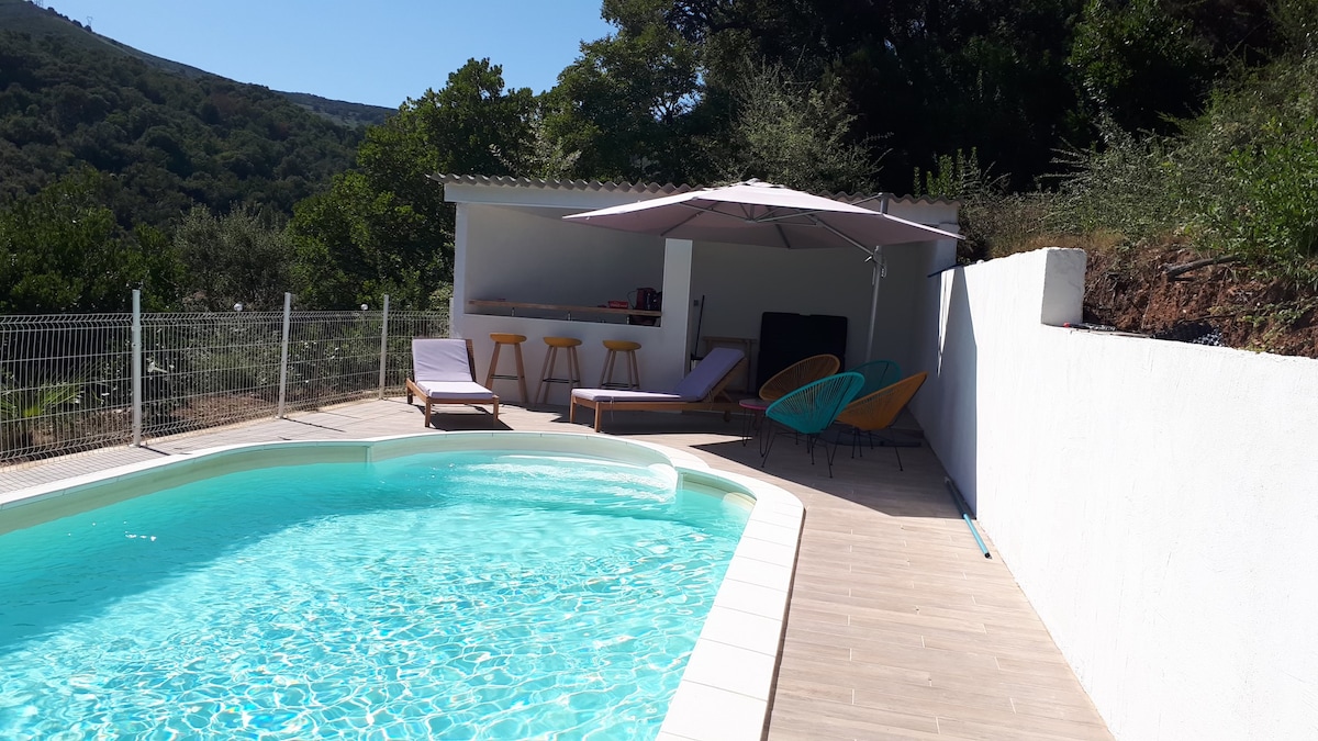 A private pool area features a well-maintained swimming pool surrounded by a wooden deck. Two loungers and four colorful chairs provide seating options under a large umbrella. A short bar counter is located nearby, enhancing the space's functionality for relaxation and leisure.