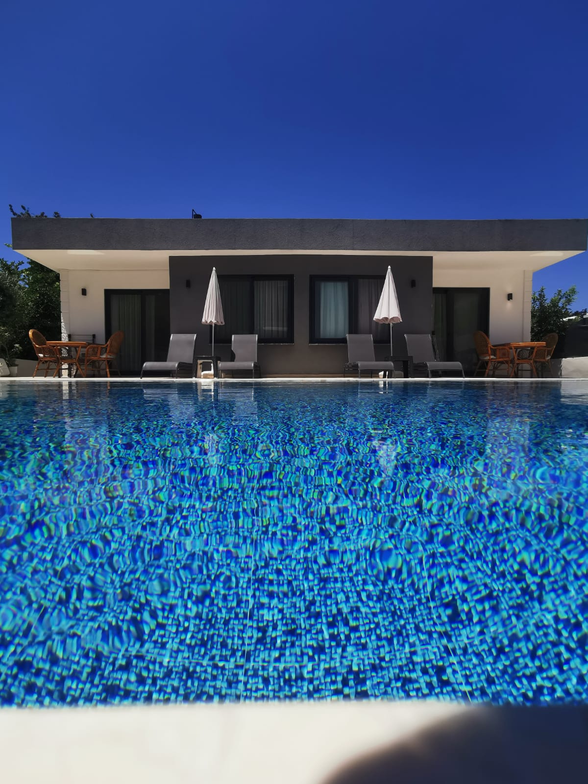 A modern villa is depicted with a clear blue swimming pool in the foreground. Comfortable lounge chairs are positioned beside the pool, with umbrellas providing shade. The clean architectural lines of the villa's façade are complemented by large windows reflecting the bright sky.