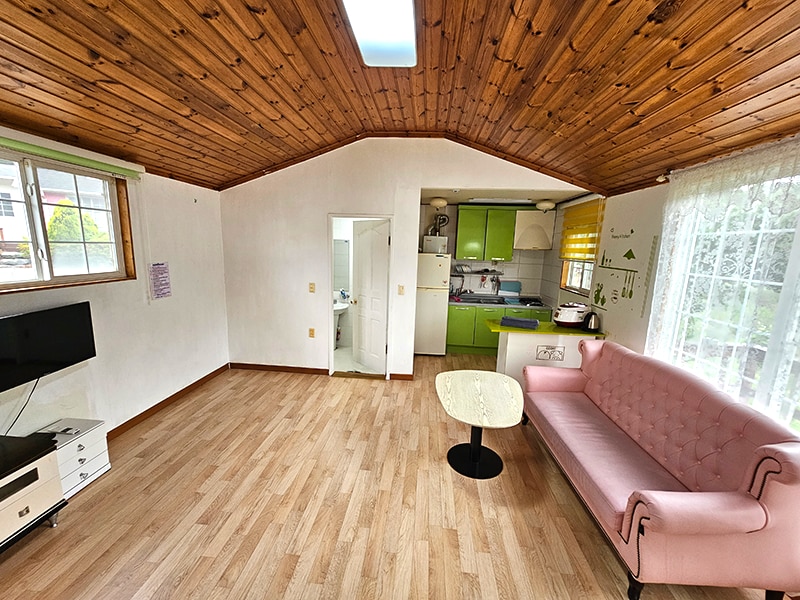 The interior space features a light wood floor and a high ceiling with wooden beams. A pink sofa and a round black table are situated in the living area. A television is mounted on the wall. A door on the left leads to a bathroom, while an open doorway reveals a green kitchen.