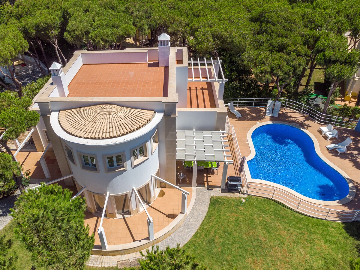 An aerial view of a luxury home is captured, highlighting its circular design and spacious outdoor terrace. A private swimming pool is visible alongside the structure, surrounded by a manicured lawn and tall trees, creating a serene environment.