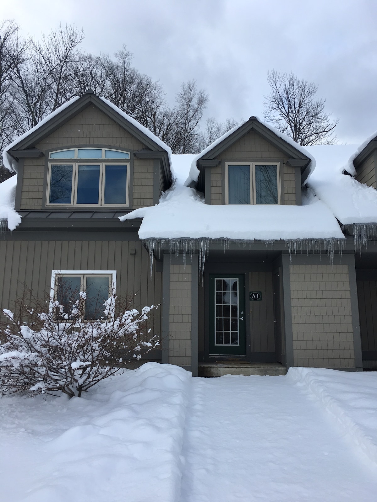 The exterior of a four-bedroom townhouse is showcased, featuring a covered entryway and large windows. Snow blankets the ground and roof, with icicles hanging from the eaves. The door is adorned with the number A1, and shrubs are lightly dusted with snow.
