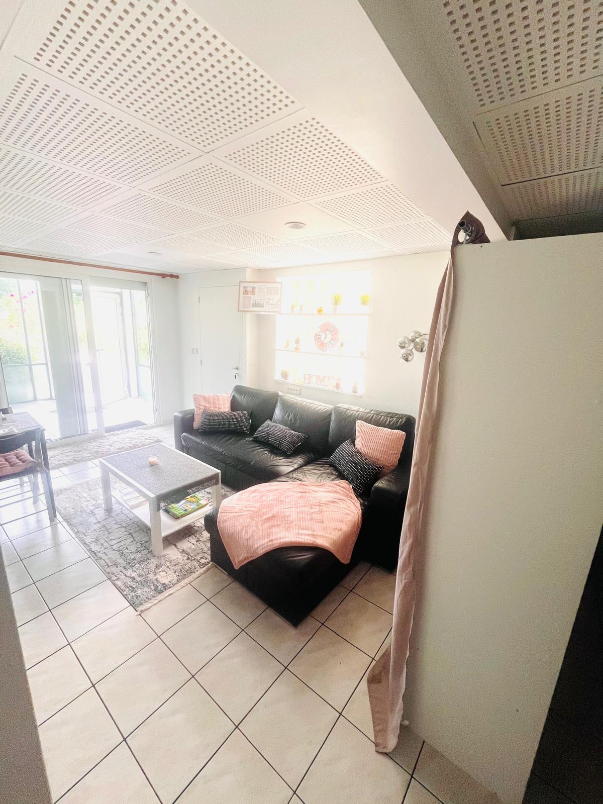A modern living area features a dark couch adorned with a light pink throw. A white coffee table is centered on a patterned rug, surrounded by natural light streaming through large glass doors. Decorative shelves display various items, enhancing the room's inviting atmosphere.