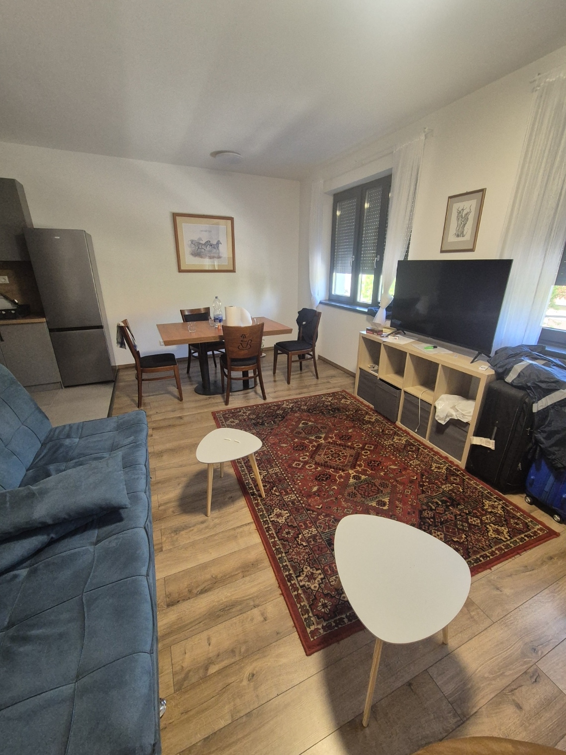 An inviting living area features a plush blue sofa and a traditional rug. A dining table with wooden chairs is positioned next to a kitchenette, while a media console holds a television. Natural light enters through windows adorned with sheer curtains.