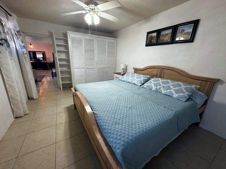 King sized bed, AC, safe, closets, storage, private bathroom
