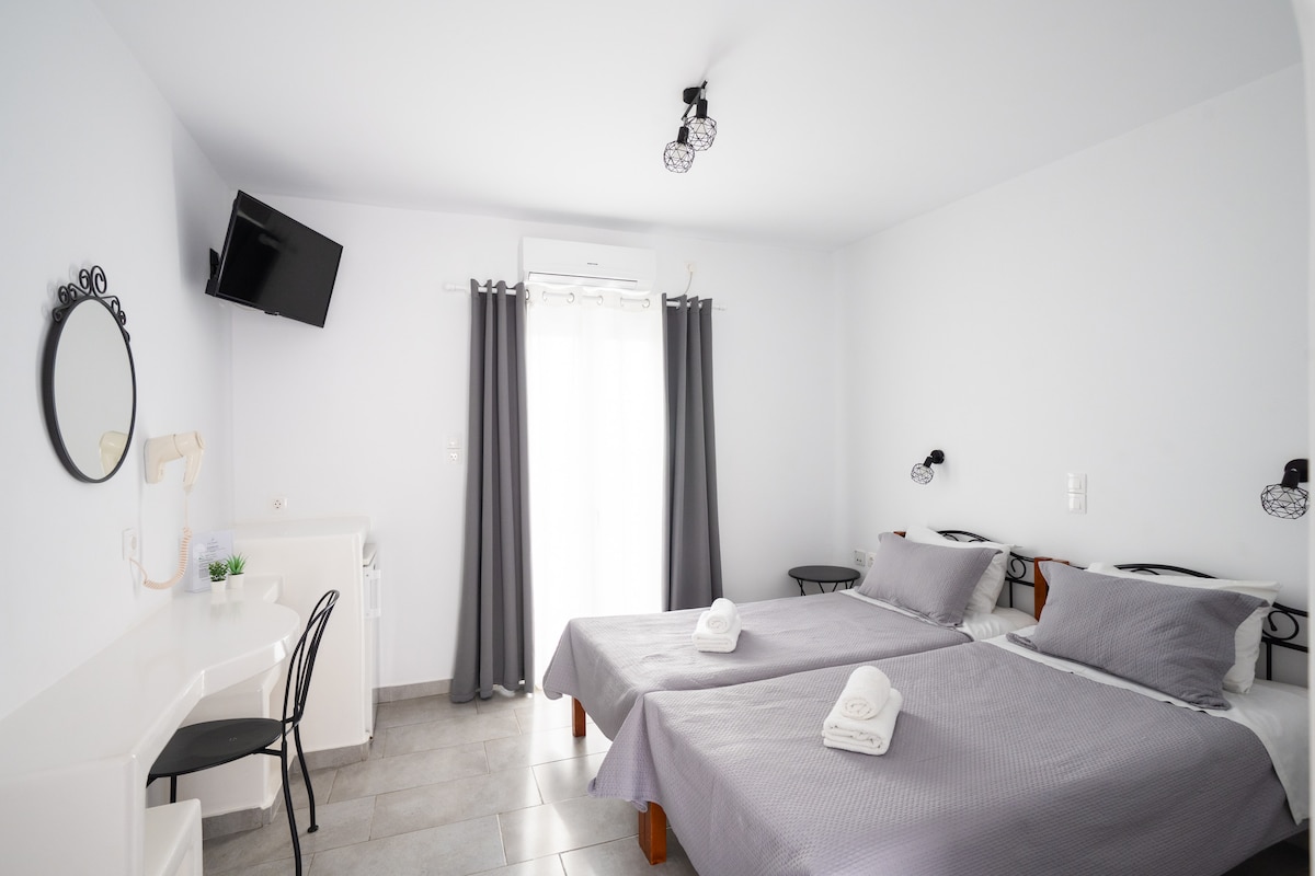 A well-lit twin room features two spacious beds dressed in grey linens. A wall-mounted television is positioned above a simple desk and chair. Natural light enters through a glass door, which leads to a small outdoor area, framed by grey curtains.