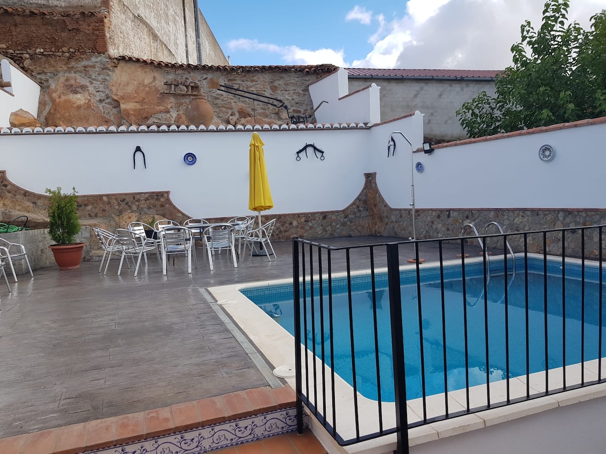 A private patio area features a clear saltwater pool surrounded by modern lounge chairs and a sunny yellow umbrella. The walls are adorned with traditional decor, and greenery enhances the serene environment, providing a peaceful outdoor retreat.