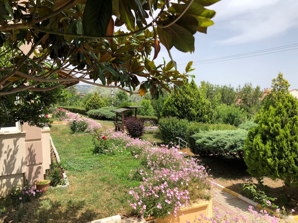 Lush greenery and flowering plants frame a well-maintained garden path. A gazebo is visible in the distance, surrounded by neatly trimmed hedges and trees, creating a serene outdoor environment. The sky is clear, allowing natural light to illuminate the garden.