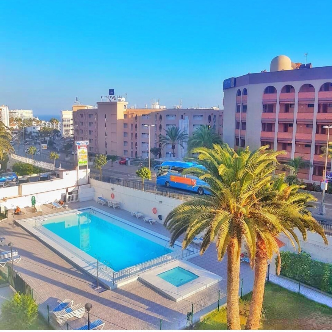 An outdoor swimming pool is visible, surrounded by a tiled area with sun loungers. Lush palm trees frame the scene, while neighboring buildings and a clear blue sky create a backdrop. A glimpse of the Atlantic Ocean can be seen in the distance.