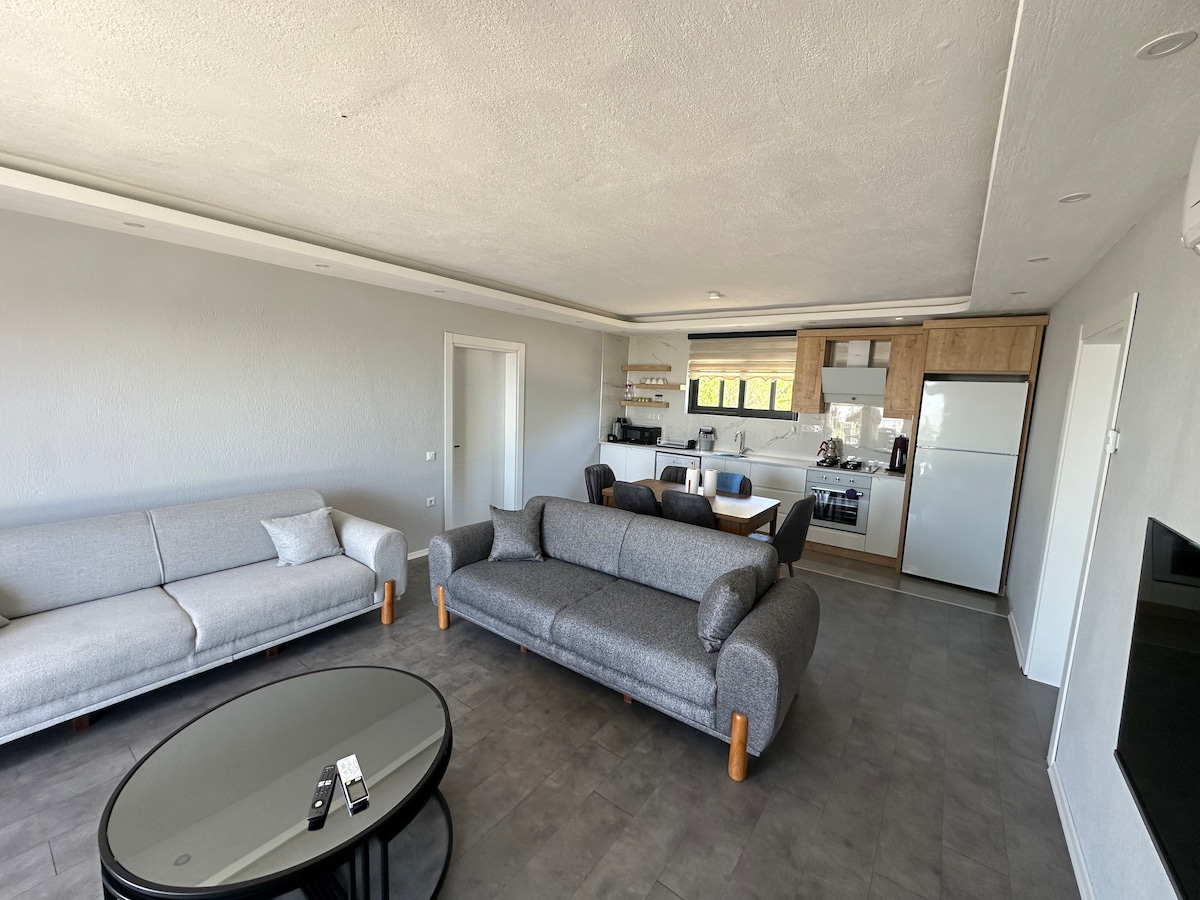 A spacious living area showcases two gray sofas positioned around a circular black coffee table. A dining table, featuring four chairs, is visible near the kitchen, which is equipped with modern appliances. Light streams through large windows, illuminating the open layout.