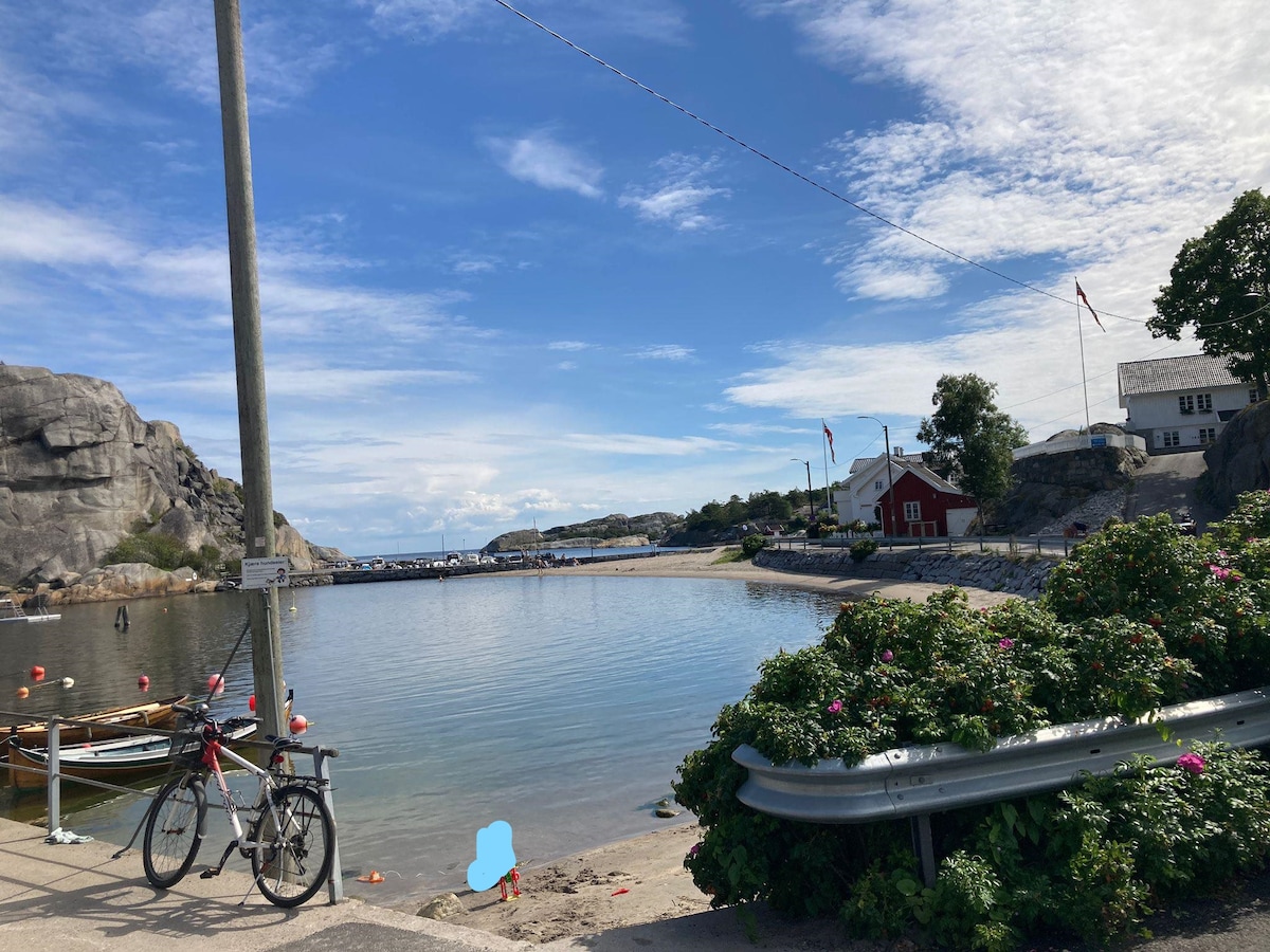 A calm bay features clear water reflecting the blue sky and scattered clouds. Nearby, a bicycle is parked beside a guardrail. In the background, small boats are anchored near a beach, while rustic red and white buildings are visible along the shoreline. Lush flowers grow along the edge.