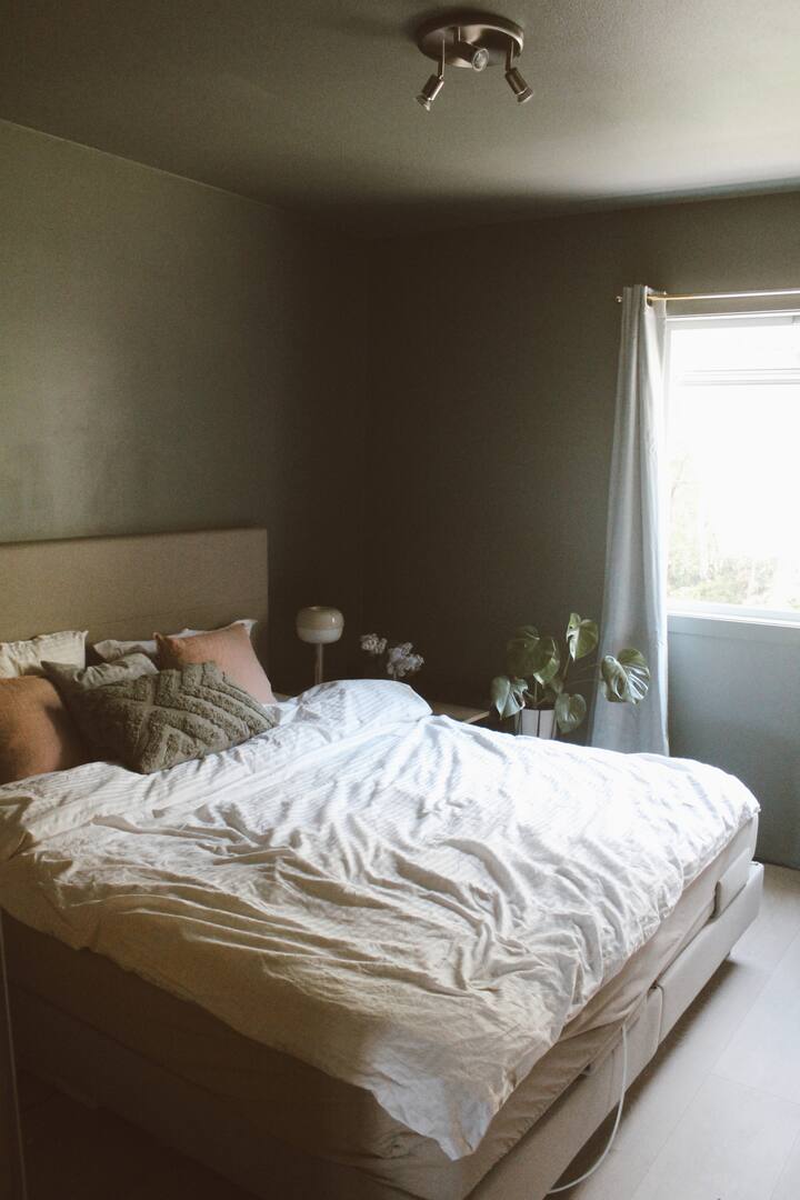 Dhoma kryesore e gjumit, pjesa më e brendshme e dhomave të gjumit në apartament. Këtu ka një krevat dopio "queen", 180 cm. 