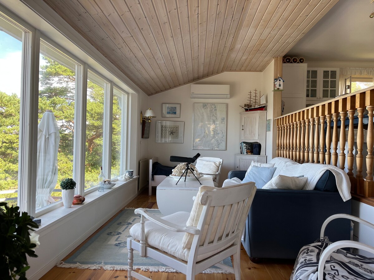 A light-filled living area featuring large windows that provide views of the surrounding nature. A telescope is positioned on a table, with a mixture of comfortable seating options including a white armchair and a dark fabric sofa. The ceiling is adorned with wooden paneling.