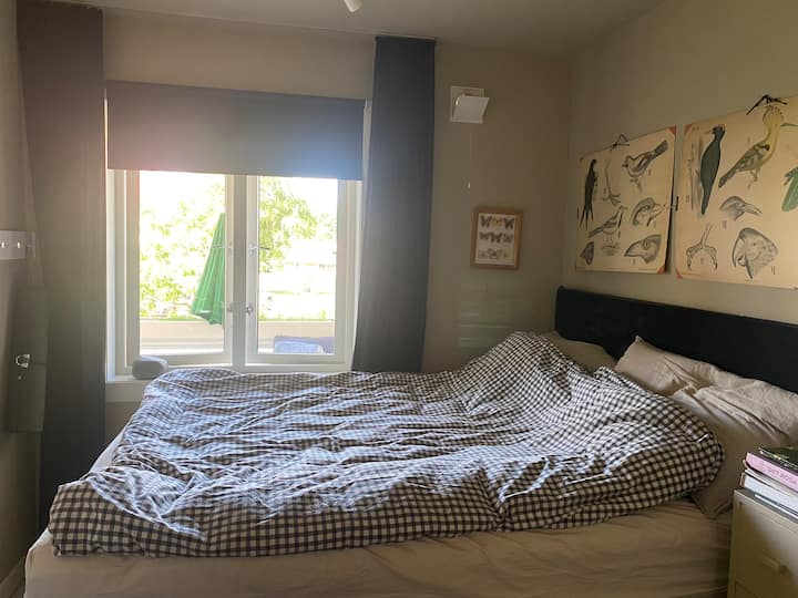 ಆರಾಮದಾಯಕವಾದ ಡಬಲ್ ಬೆಡ್ 160 ಸೆಂ .ಮೀ. ಇಬ್ಬರು ಜನರಿಗೆ ಸಾಕಷ್ಟು ಸ್ಥಳಾವಕಾಶವಿದೆ. ಇದಲ್ಲದೆ, ಲಿವಿಂಗ್ ರೂಮ್‌ನಲ್ಲಿ ಎರಡು ಸೋಫಾಗಳಿವೆ (1 ಮೀ ಅಗಲ) ಅಗತ್ಯವಿದ್ದರೆ ಅದನ್ನು ಹಾಸಿಗೆಗೆ ಬಳಸಬಹುದು.