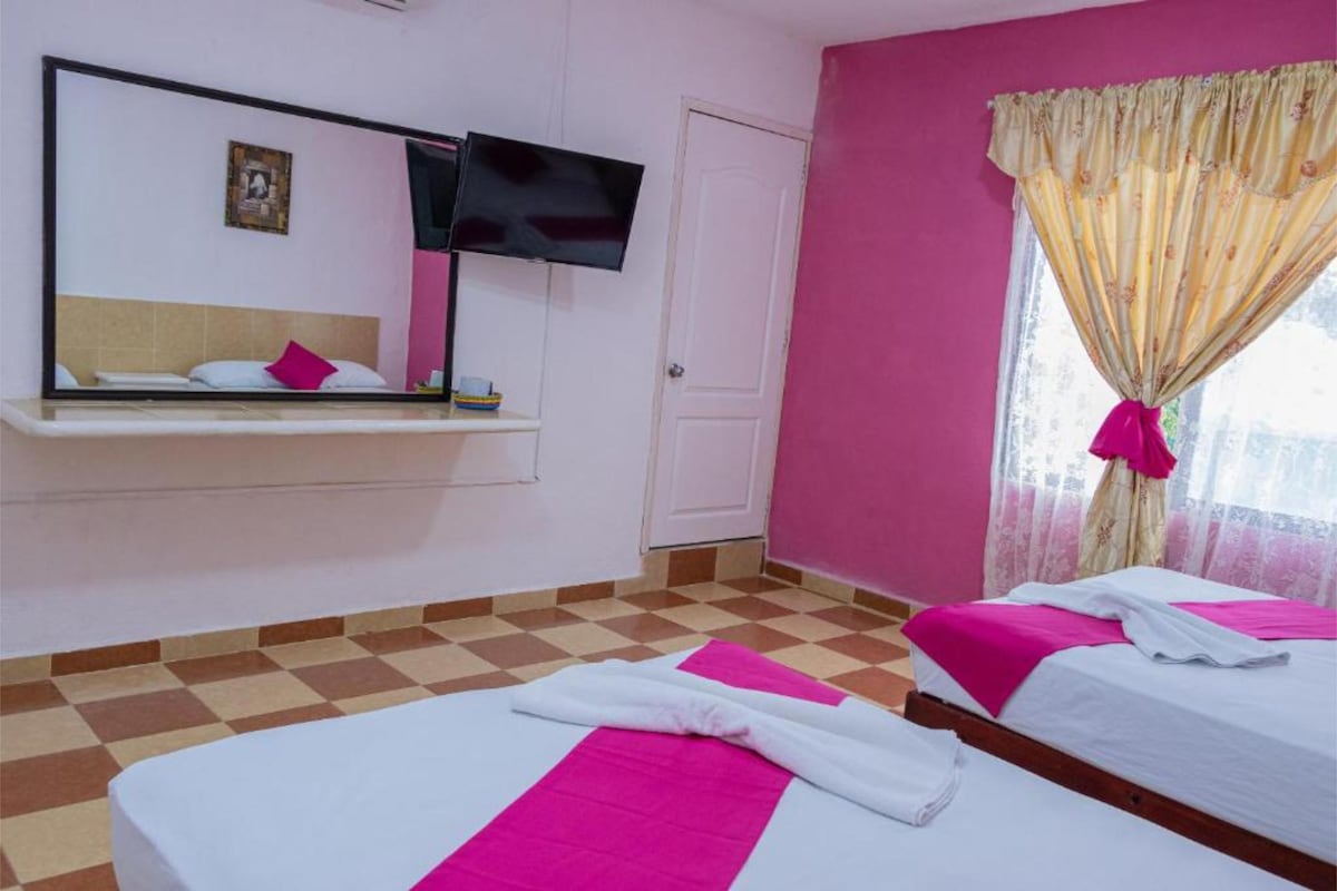 The room features two beds adorned with folded towels and a vibrant pink accent. A wall-mounted television is visible above a simple shelf, reflecting natural light from a large window with sheer curtains. A door leading to the corridor is also observed.