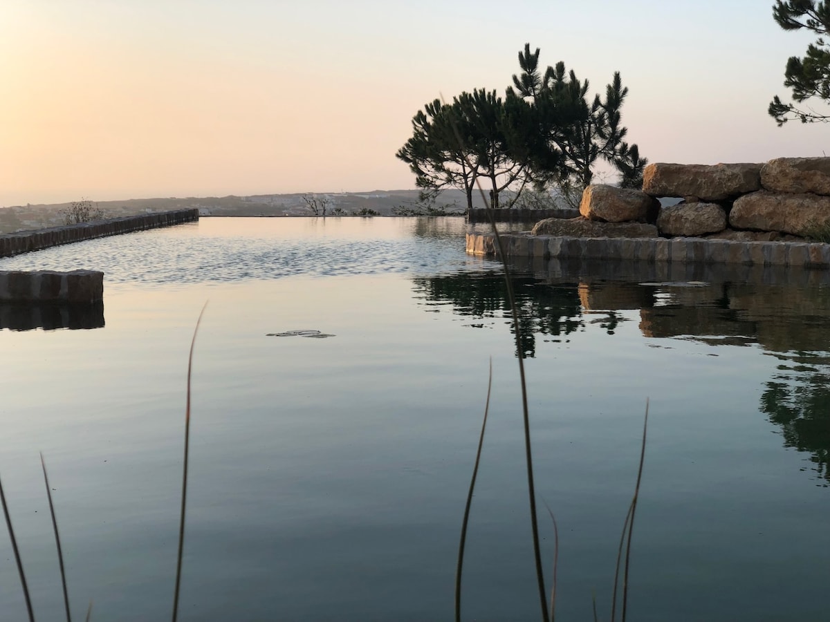 A serene biological pool reflects the soft colors of sunset, surrounded by natural stone features and sparse vegetation. Gentle ripples are visible on the water's surface, with distant greenery enhancing the tranquil atmosphere.