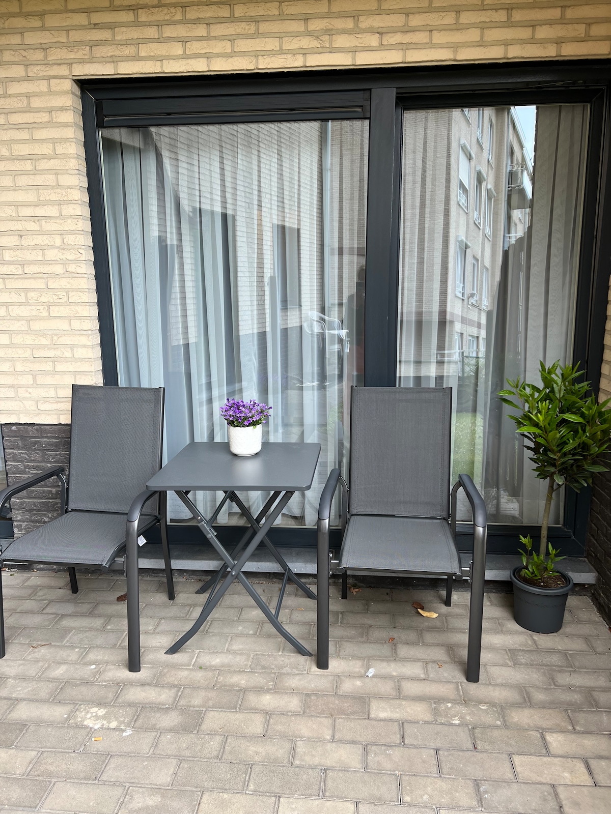 A cozy terrace features a small table and two matching chairs, framed by large glass doors. A potted plant and a vase of purple flowers add a touch of greenery. The ground is paved with light-colored stones, contributing to a welcoming outdoor space.