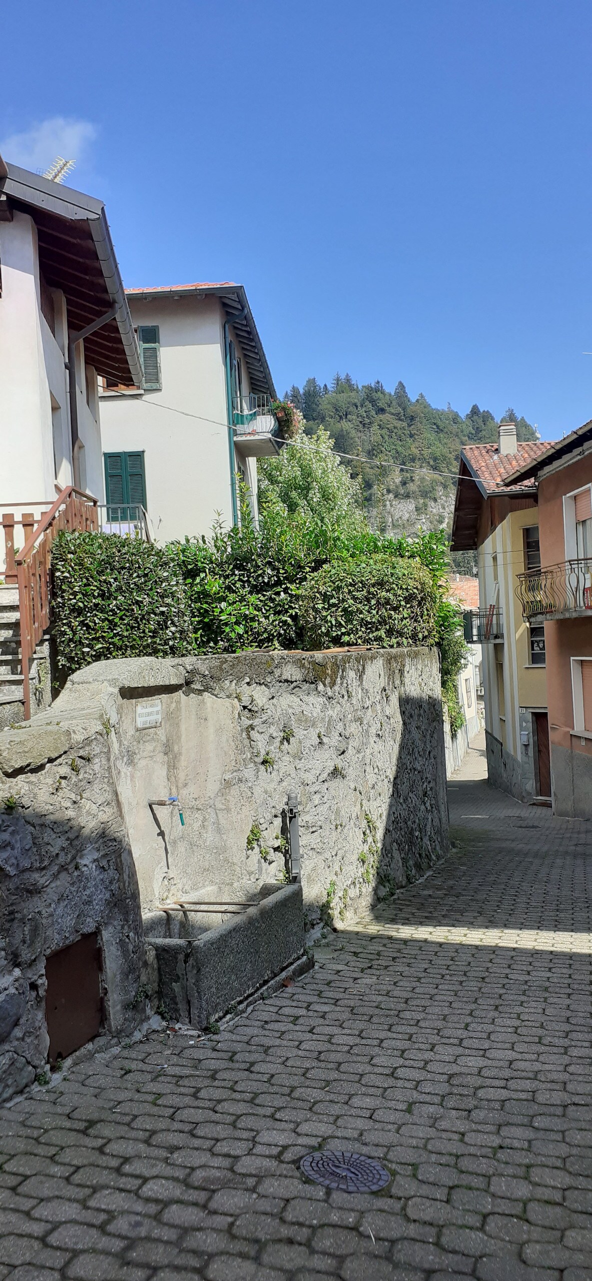 A quiet cobblestone street lined with greenery leads into a charming village. Two-story buildings with varying architectural styles frame the path, and distant mountains rise gently against a clear blue sky, creating a serene backdrop.
