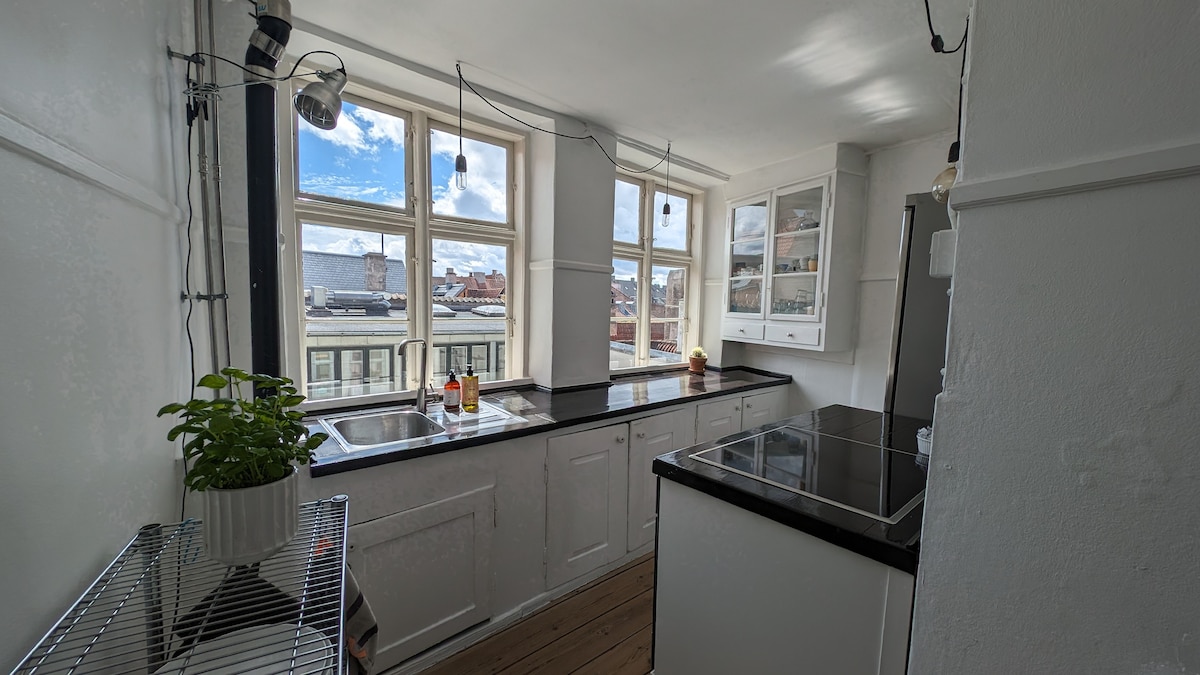 A sunlit kitchen features two large windows providing views of the city. Countertops are equipped with a sink, cooking area, and storage cabinets, while a potted plant adds a touch of greenery. The space is designed for efficiency with a clean, modern aesthetic.