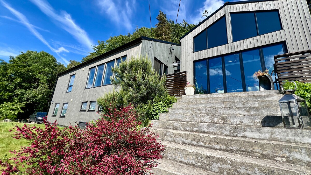A modern, two-story house is seen, featuring a combination of large windows and wood paneling. Steps lead to the entrance, flanked by greenery and flowering plants. The blue sky and scattered clouds create a bright and inviting atmosphere.