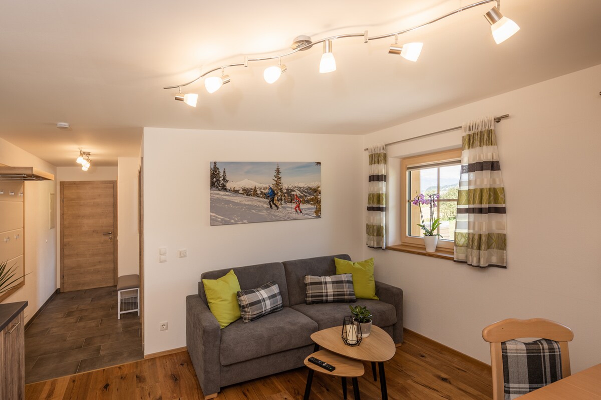 A living area is shown with a gray sofa adorned with plaid cushions. A round coffee table is positioned in front. Natural light enters through a window decorated with patterned curtains, while a bright artwork depicting skiers on snow is displayed on the wall.