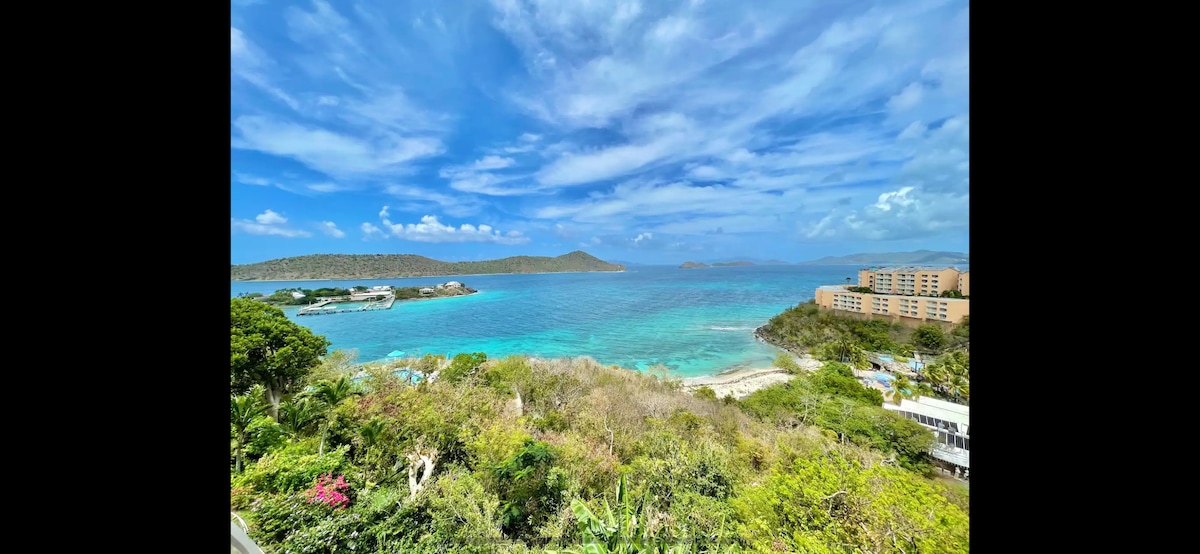 A broad view of the vibrant turquoise sea extends to distant islands under a clear blue sky. Lush greenery and colorful flora frame the scene, while gentle waves can be seen lapping against the shore. The harmonious blend of nature and water creates a serene coastal landscape.