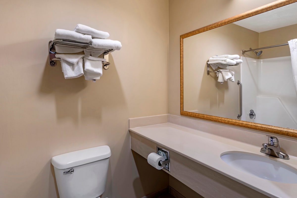 The bathroom features a clean and functional design, with a simple sink and a large mirror above it. A towel rack holds neatly arranged white towels, and essential toiletries are easily accessible. A shower area is visible, promoting convenience and comfort.