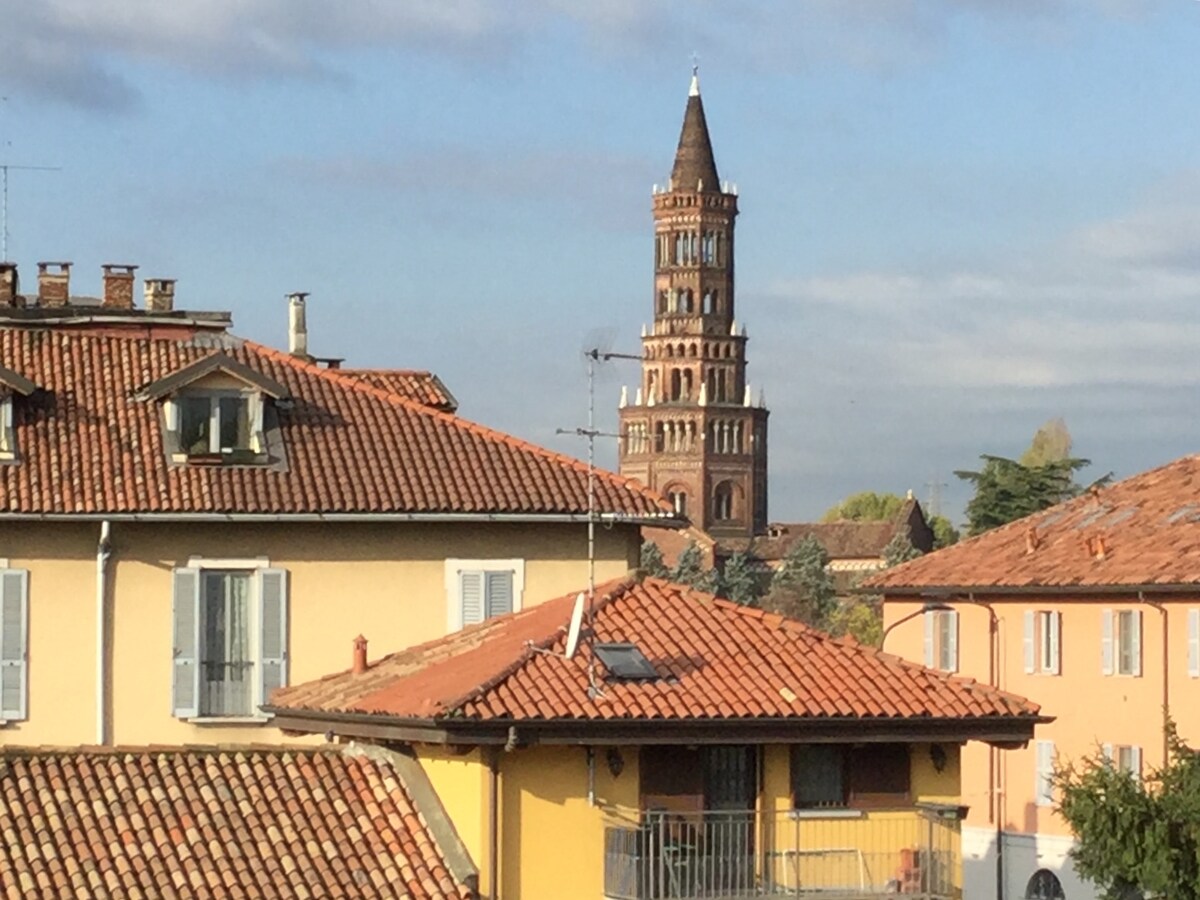 The image captures a skyline featuring roofs with terracotta tiles. A tall clock tower stands prominently in the background, flanked by a mix of residential buildings. Clear sky and soft clouds enhance the overall scene.