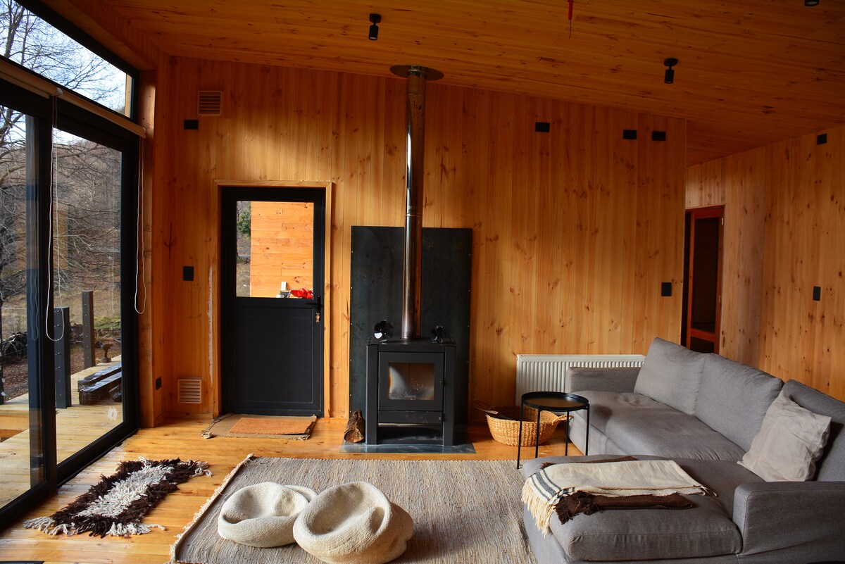 A spacious living area features wooden walls and a large window allowing natural light. A cozy couch sits on a soft rug, while a modern wood stove is positioned centrally. A door leads to the outdoor area, enhancing the connection with nature.