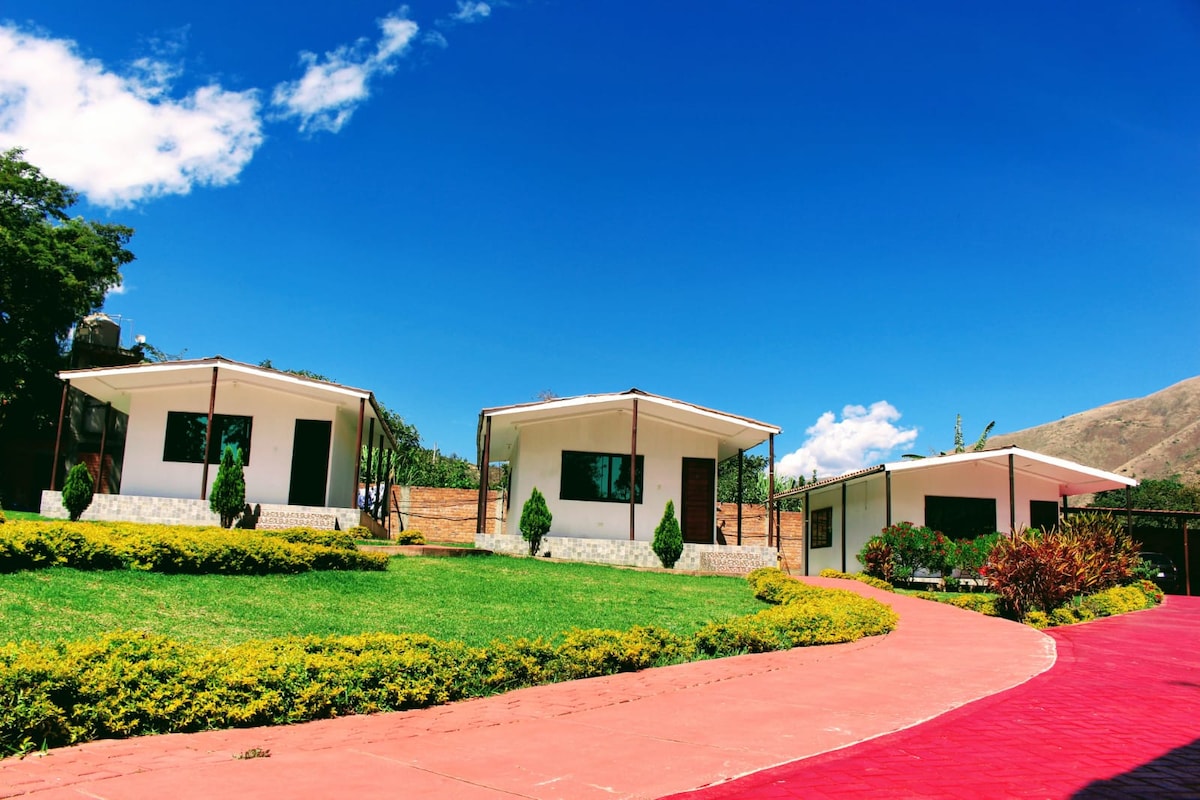 Three bungalows are positioned along a winding pathway, surrounded by well-maintained greenery and colorful shrubbery. A clear blue sky enhances the serene atmosphere, while large windows allow natural light to fill each bungalow.