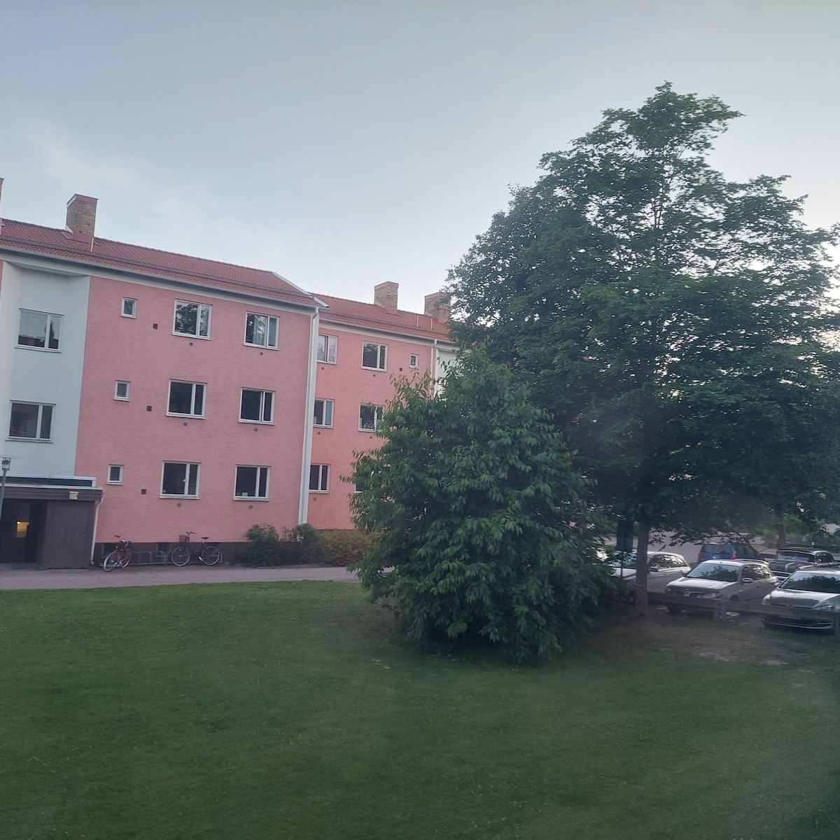 A three-story building with pink exterior walls is visible, surrounded by a green lawn. Several windows can be seen on each floor, and a large tree stands nearby. Bicycles are parked next to the building, with cars accessible on the adjacent road.