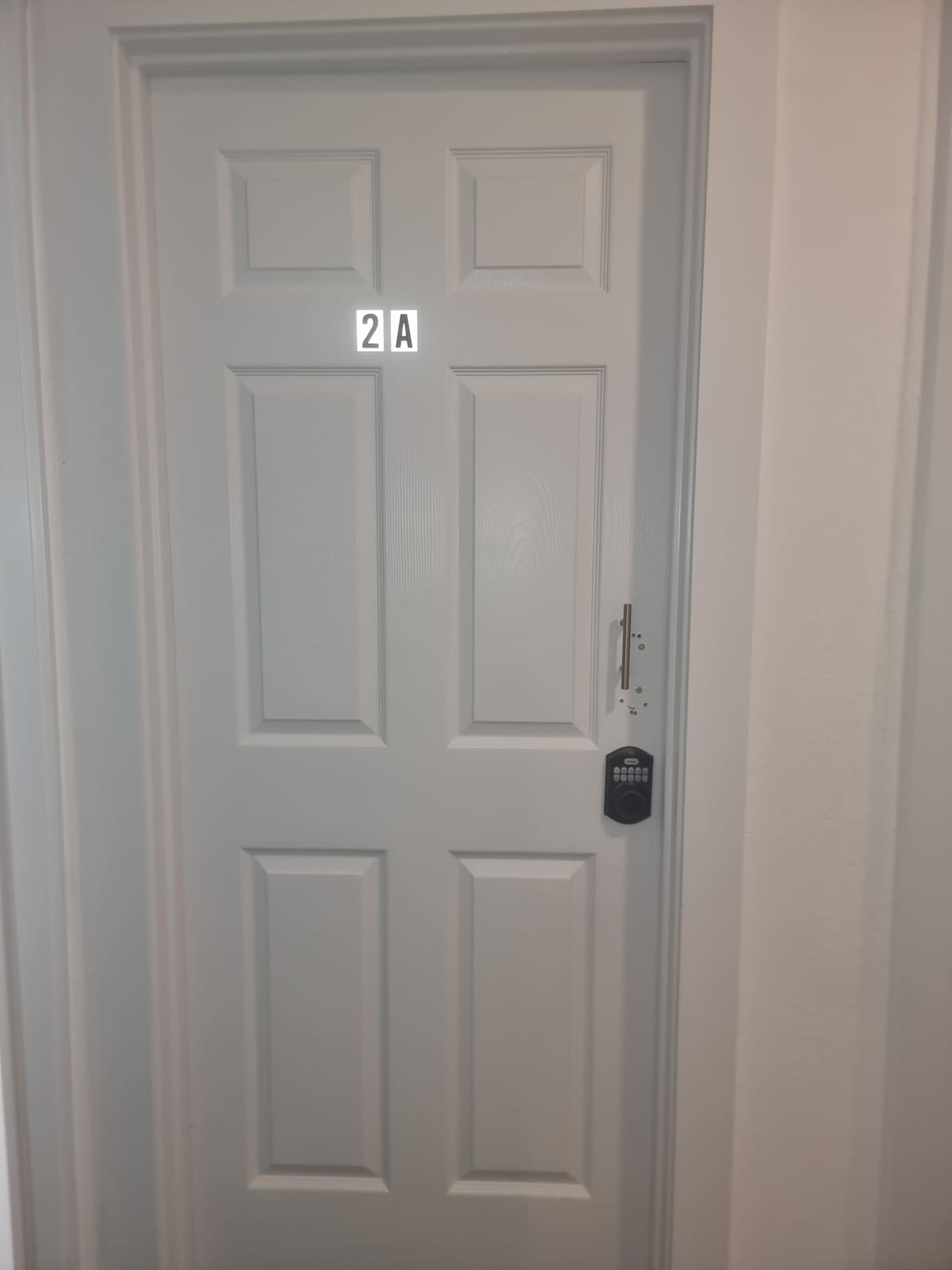 A modern, five-panel door is featured, labeled with the number '2A' in a simple white font. A keypad lock is installed adjacent to the doorknob, contributing to the building's secure entry system.
