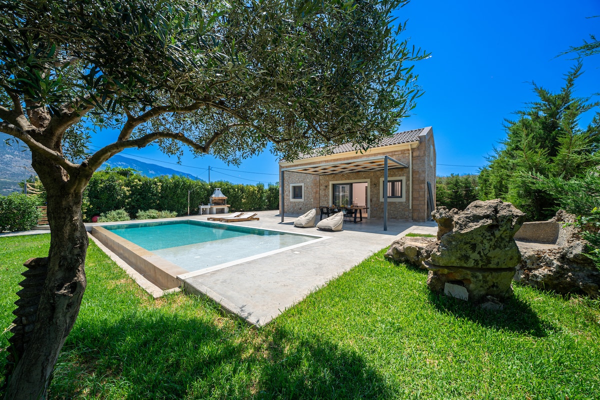 A private outdoor area features a serene swimming pool surrounded by lush green grass and tall trees. A spacious terrace is visible, providing shaded seating options. The stone exterior of the villa complements the natural landscape under a clear blue sky.