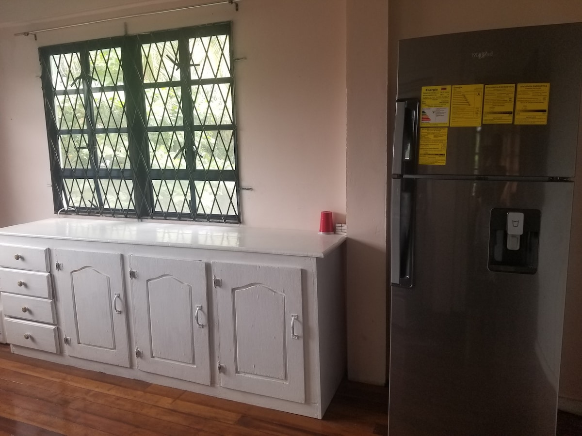 The kitchen area features a white cabinetry unit with several drawers and doors, complemented by a modern stainless steel refrigerator. Two large windows with black grid patterns allow natural light to fill the space, creating an open and functional atmosphere.