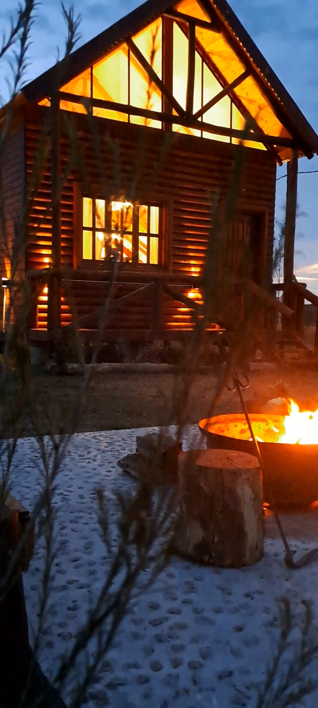 The rustic cabin glows warmly from its illuminated windows, set against a twilight sky. A fire pit is framed by wooden logs, while soft grass and earth create a relaxed outdoor setting. The silhouette of surrounding plants adds depth to the tranquil scene.