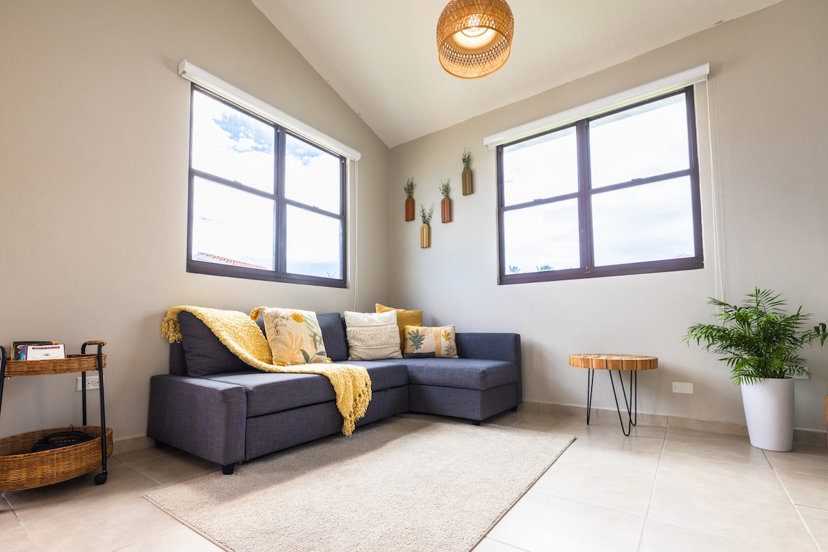 Sehemu ya sebule iliyo na kitanda cha sofa ambacho kinaweza kutoshea mgeni mmoja.