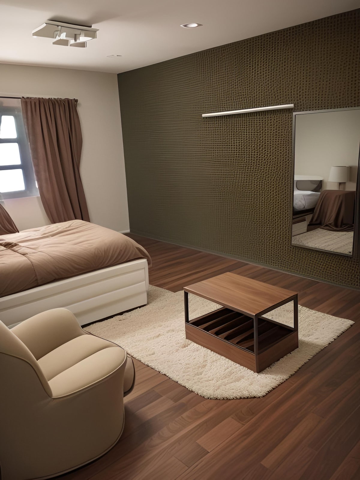 A spacious bedroom features warm earth tones with a cozy bed draped in neutral bedding. A sleek wooden coffee table is positioned on a soft area rug, complementing the large mirror on the wall. Natural light filters through the window, highlighting the inviting atmosphere.