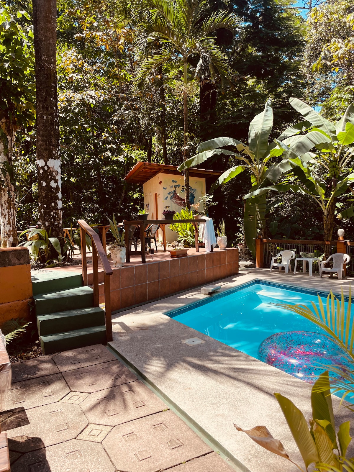 A serene outdoor area features a sparkling pool surrounded by lush greenery. Chairs are positioned nearby, with a small deck leading to a shaded structure adorned with artwork. Sunlight filters through the trees, creating a calm and inviting environment.