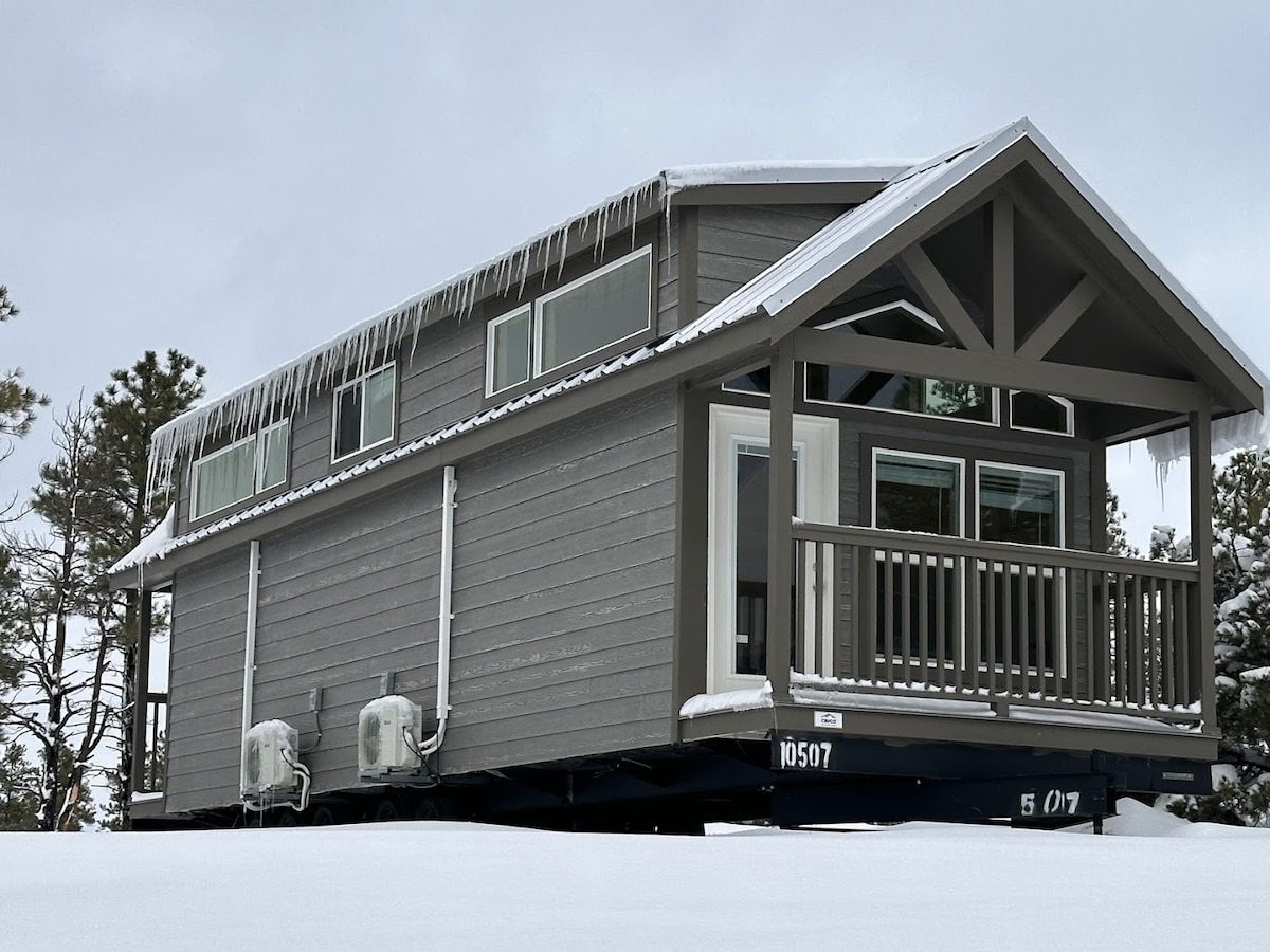 The exterior of a contemporary chalet cabin is presented, featuring a gray facade with large windows. Icicles hang from the eaves, adding a wintry touch. A welcoming porch is visible, surrounded by snow-covered ground and pine trees in the background.