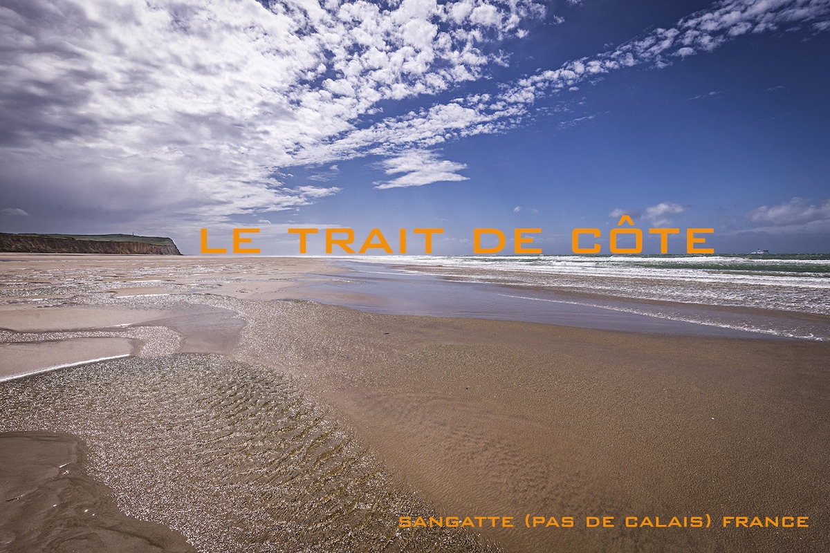 The sandy beach of Sangatte stretches into the distance, meeting gentle waves under a clear blue sky. Light reflects off the wet sand, creating a shimmering effect. The coastline is framed by grassy dunes, offering a serene and expansive view of the natural landscape.