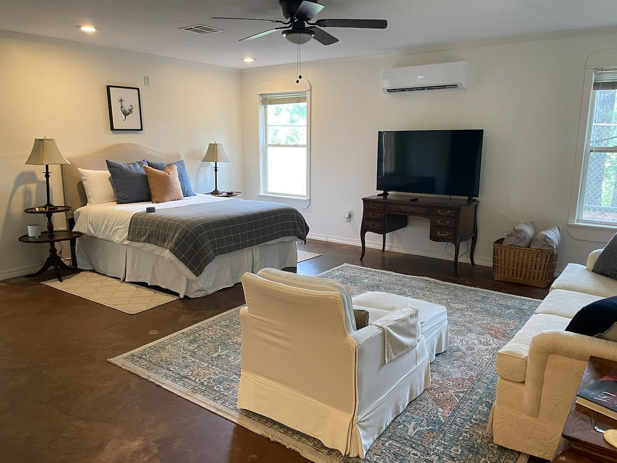 A spacious studio apartment includes a large bed with neutral-colored bedding, two bedside lamps, and a television mounted on the wall. A decorative area rug lies on the floor, complementing a light-colored sofa and an accent chair, creating a welcoming living space.