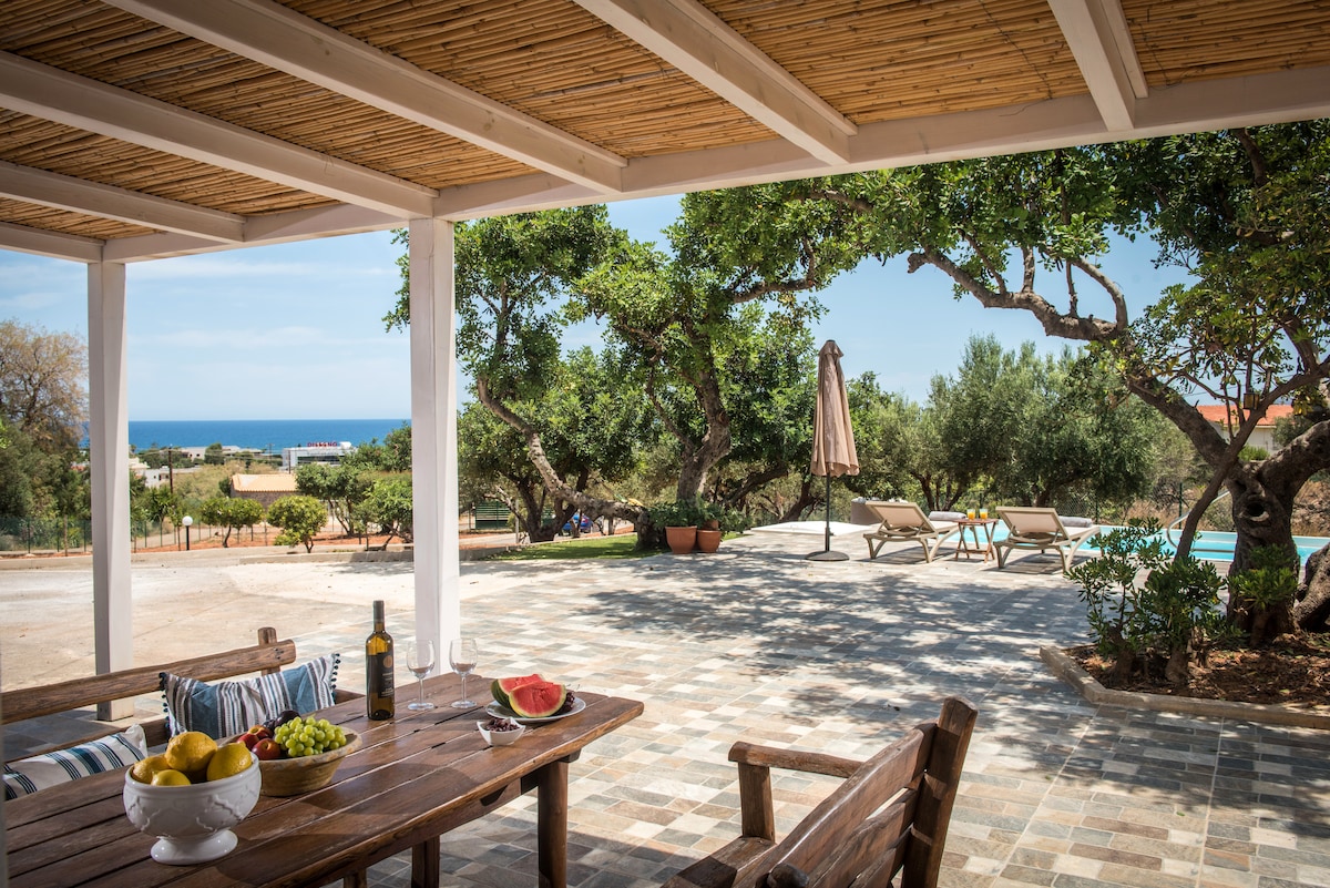 An outdoor dining area is set under a shaded terrace, featuring a wooden table adorned with a fruit bowl and a bottle of wine. In the background, a private pool and sun loungers are visible, framed by lush greenery and a view of the Mediterranean Sea.