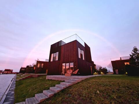 A house surrounded by water