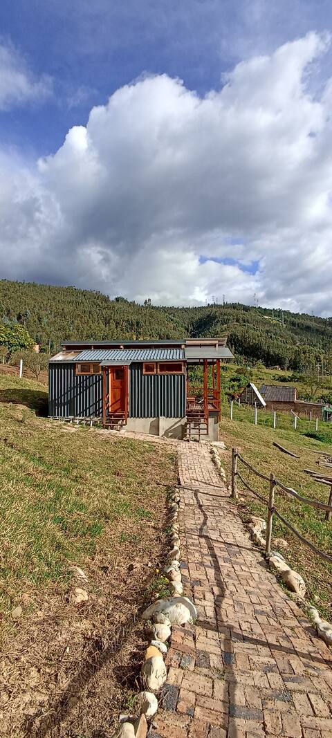 A charming tiny house is set against a backdrop of green hills and a dramatic sky. A stone pathway leads to the entrance, framed by grassy areas and natural landscaping. The structure features large windows and a welcoming porch, emphasizing its connection to the surrounding nature.