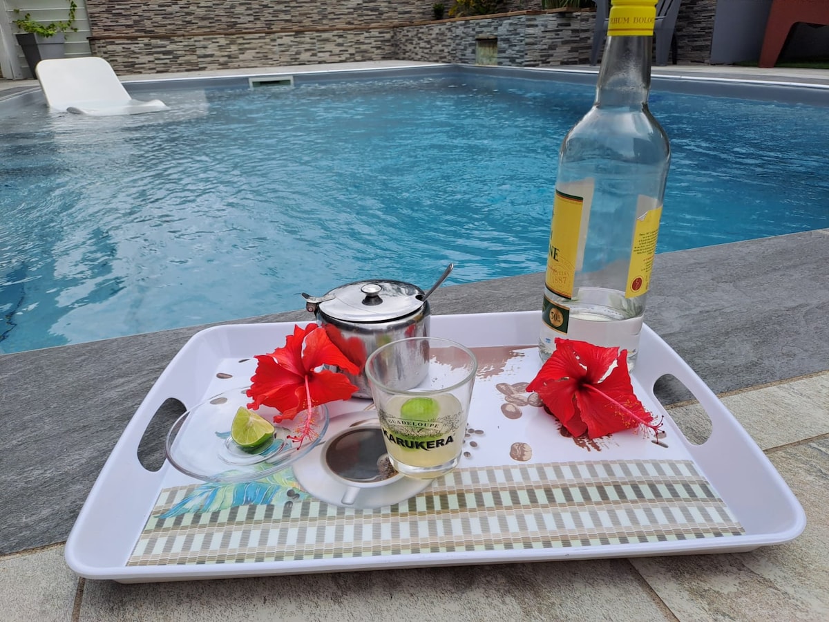 A white serving tray is displayed next to a private pool, featuring a glass with a refreshing drink, a slice of lime, and a small dish. A silver cocktail shaker and bright red hibiscus flowers are also present, enhancing the tranquil setting by the water.