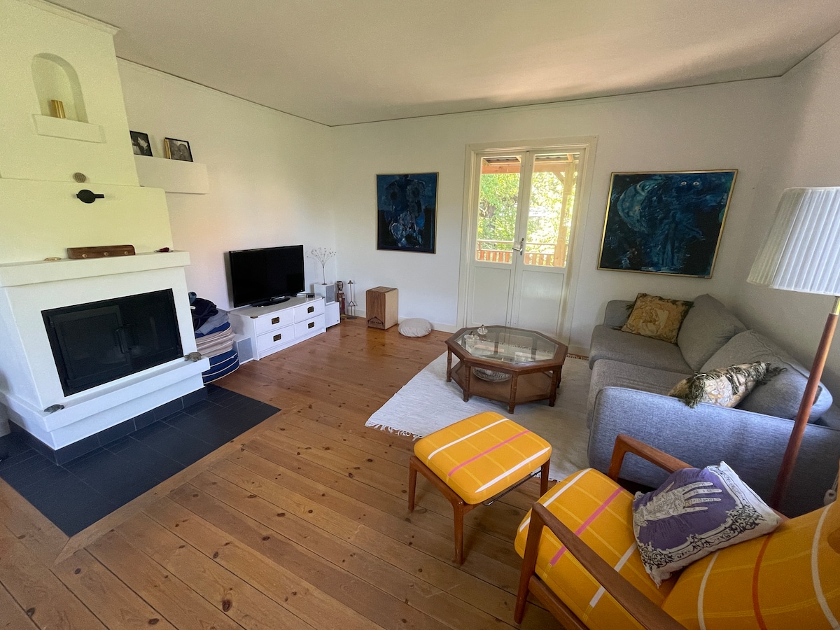 A cozy living area features a fireplace and a television mounted on a light wooden cabinet. A glass coffee table sits centrally, surrounded by stylish seating, including a gray sofa and yellow accent chairs. Natural light fills the space through windows with a view of greenery.