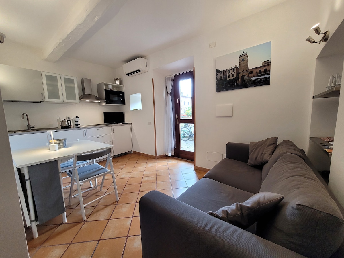 The open-plan living area includes a comfortable sofa, a dining table set for four, and a modern kitchen equipped with essential appliances. Natural light fills the space through large windows, while a piece of art depicting a historic building is displayed on the wall.